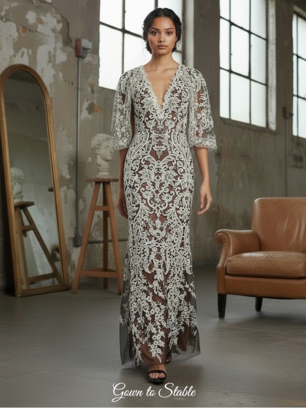 Marchesa Notte Lace Overlay Floral Cape Sleeve Gown